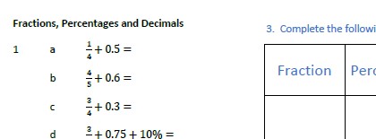 A mixture of FDP which looks to convert one to the others, add a mixture of fractions and percentages and decimals together, order FDP.